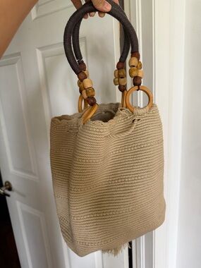 Boho Beachy Beige Woven Tote with Wooden Bead Accents